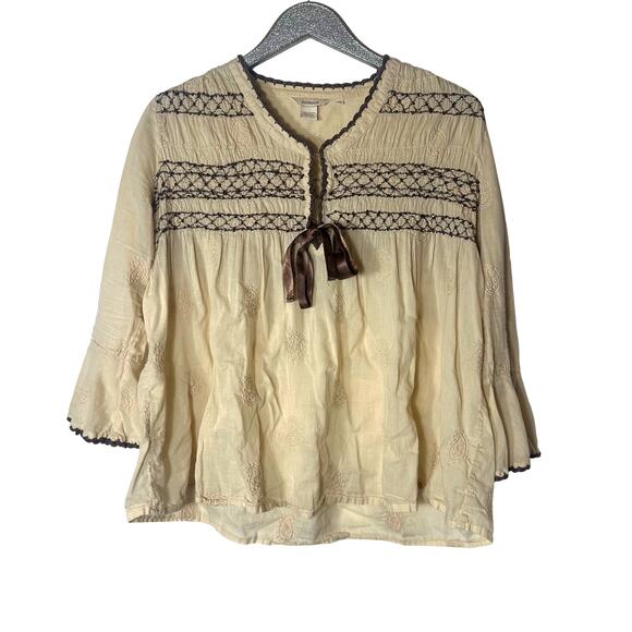 Sundance Cream & Brown Sequin Paisley Embroidered Peasant Top - Picture 1 of 8